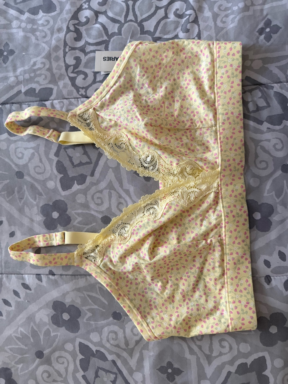 No Boundaries Yellow Lace-Trim Bralette with Pink Leaf Print